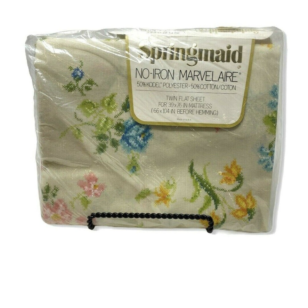 New Springmaid Flat Sheet Twin Cream Floral Spring Sampler Vintage Marvelaire